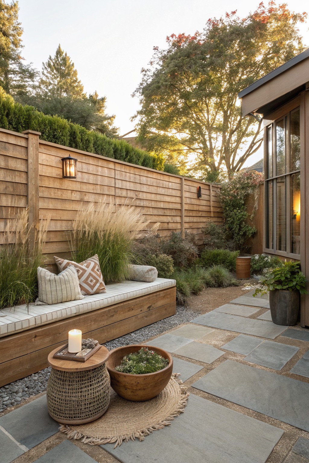 Cozy wooden bench with pillows beside woven table and stone pathway in garden patio
