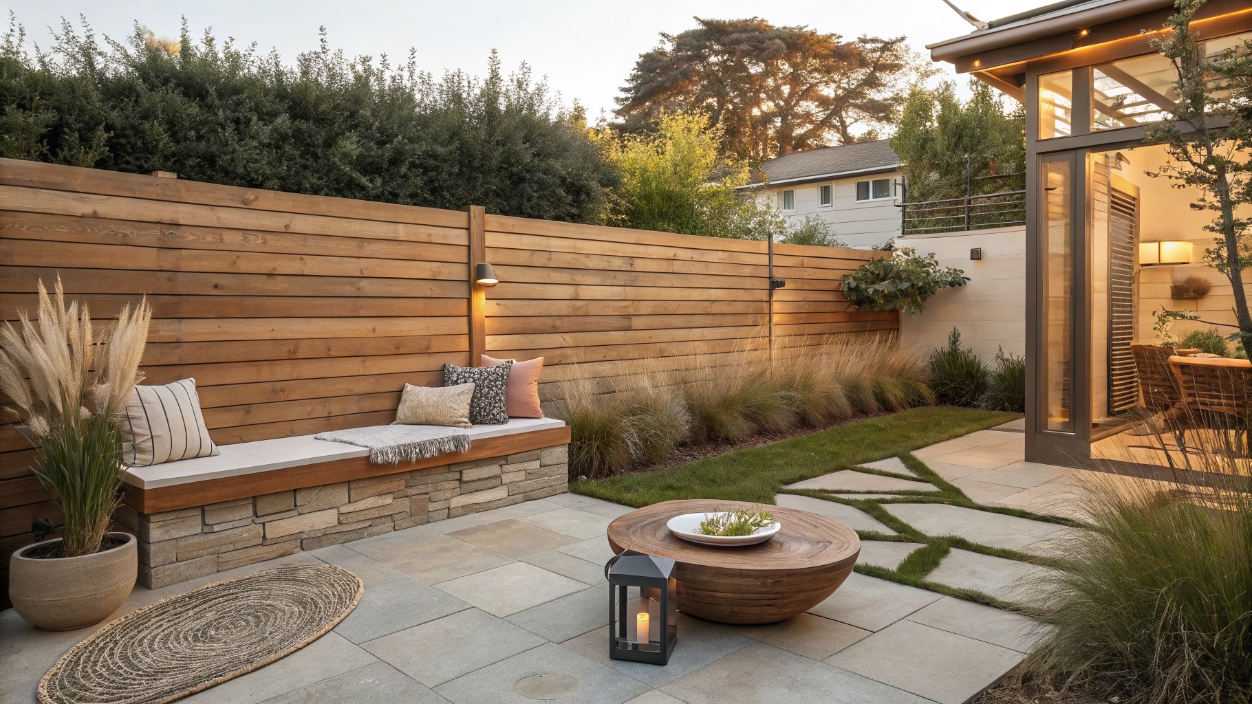 Cozy wooden bench with pillows beside woven table and stone pathway in garden patio