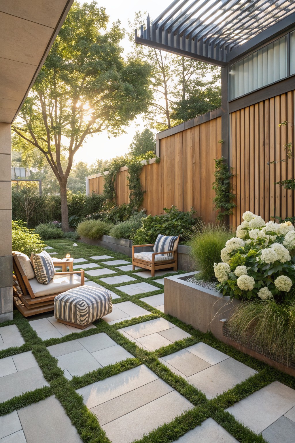 A backyard patio with stone pavers divided by grass strips, wooden seating, a tall wooden fence, and layered shrubs with white flowers along the fence line.