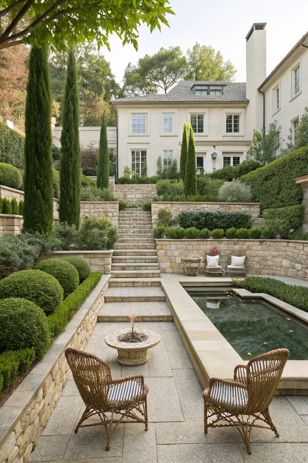 A stone patio with a rectangular pool, two wicker chairs, a small fountain, and multiple levels of retaining walls planted with dense shrubs and tall trees.