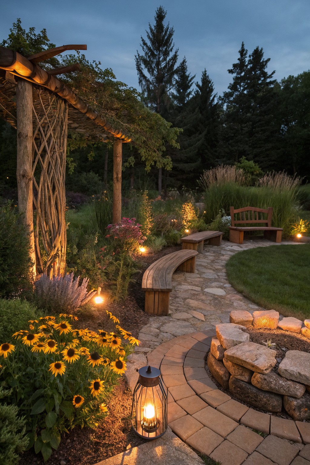 A dusk garden scene with a stone path, curved wooden benches, glowing lanterns, layered plants including sunflowers and tall grasses, a rustic wooden structure on the left, and a stone fire pit on the right.