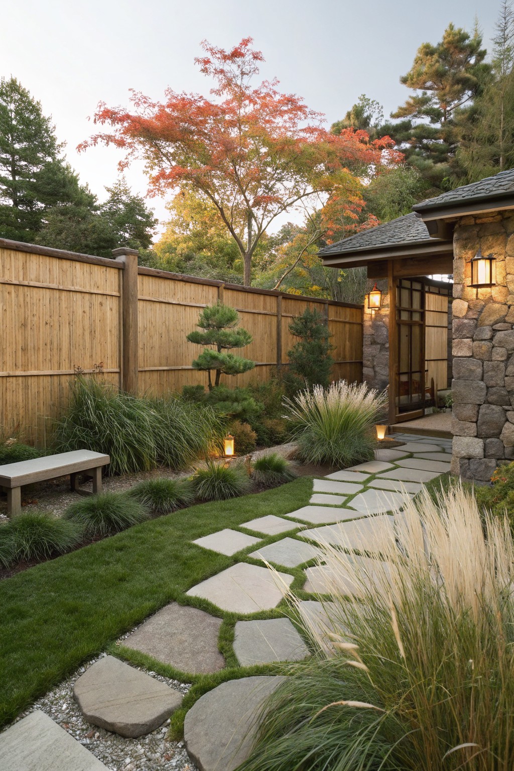 A backyard with a winding stone path through grass, layered plants, and a wooden fence next to a stone house entrance.