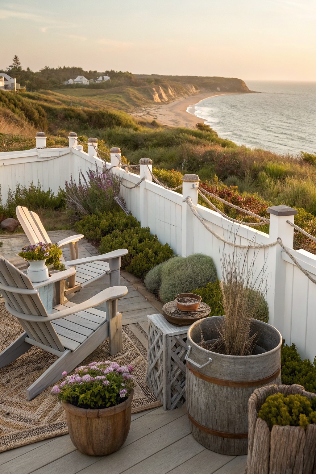 A wooden deck with gray Adirondack chairs, potted plants, and wooden barrels next to a white fence with rope railings overlooking a beach and ocean.
