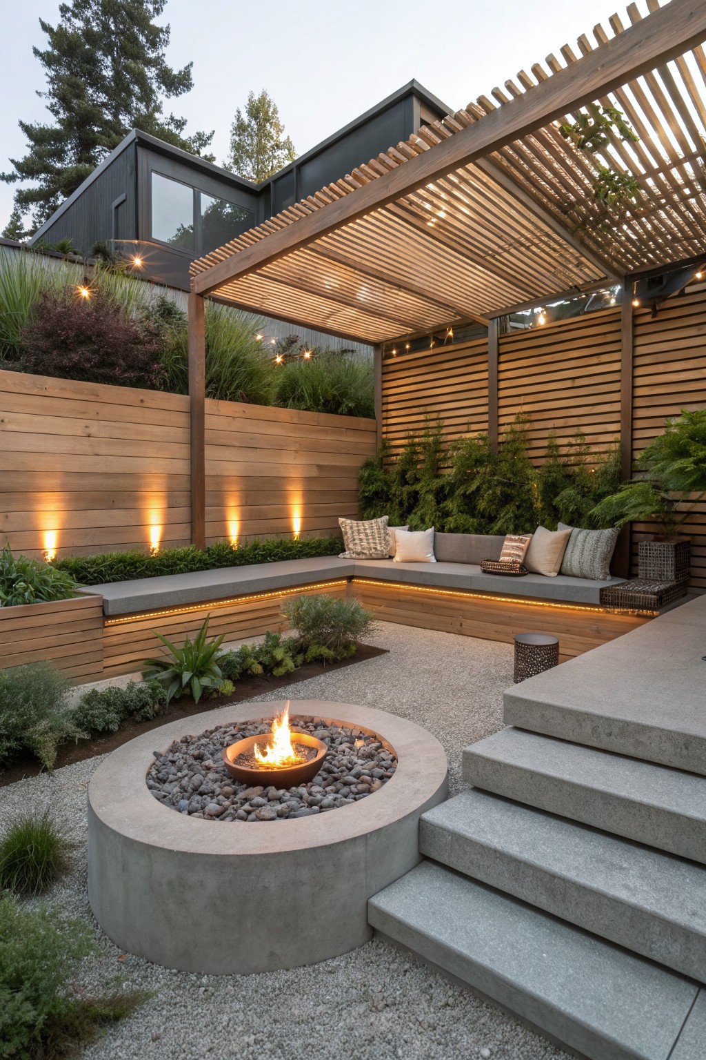 A backyard patio with a round concrete fire pit, built-in bench seating under a wooden slatted pergola, wood privacy fencing, and surrounding plants.
