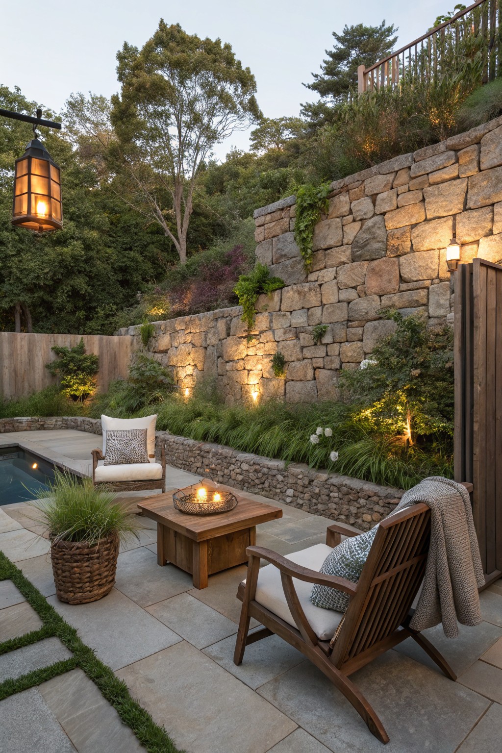 An outdoor patio with wooden seating around a fire pit, a tall illuminated stone wall behind it, and a small pool visible on the left.