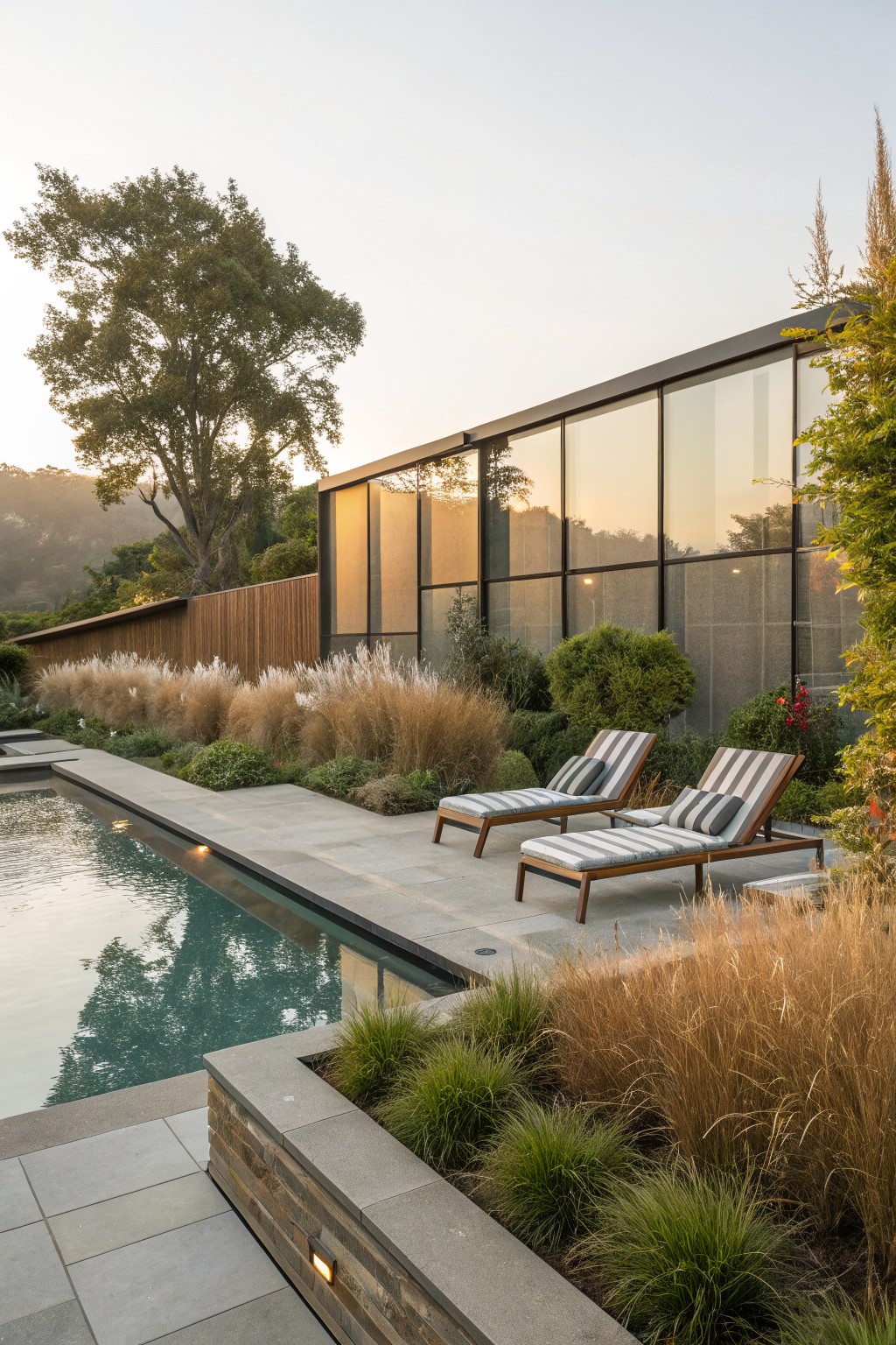 Modern home with pool and patio area lined with tall ornamental grasses and shrubs for privacy, two striped lounge chairs on concrete.