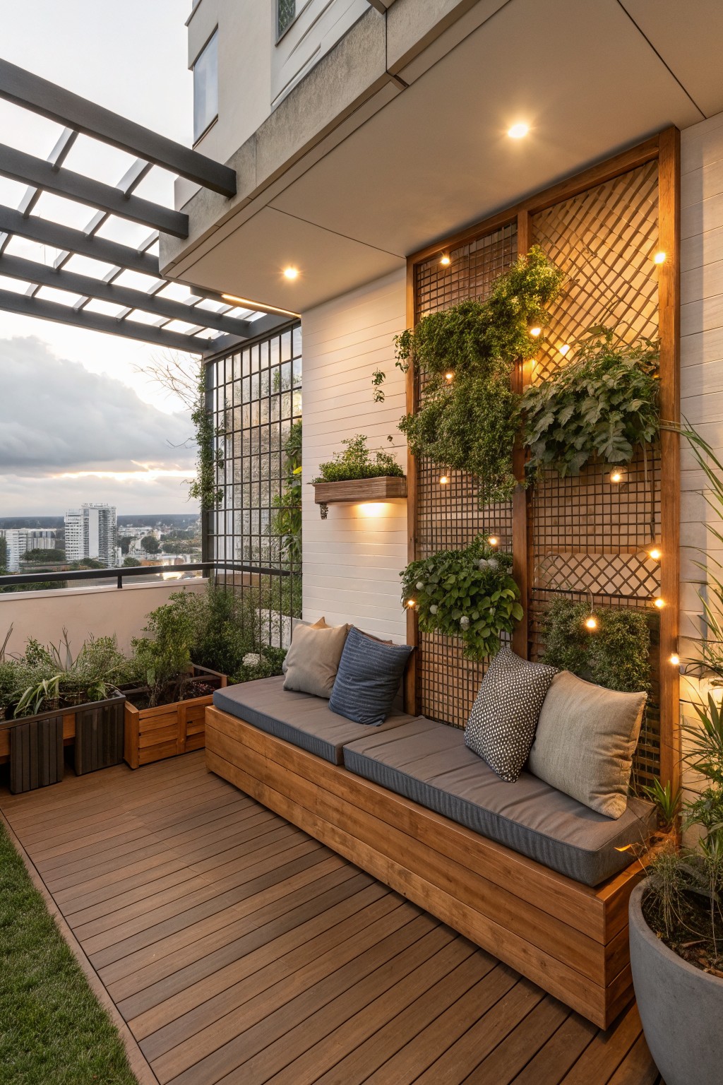 A wooden deck balcony with built-in bench seating, gray cushions, pillows, potted plants, and a tall wood trellis wall covered in green vines and string lights.