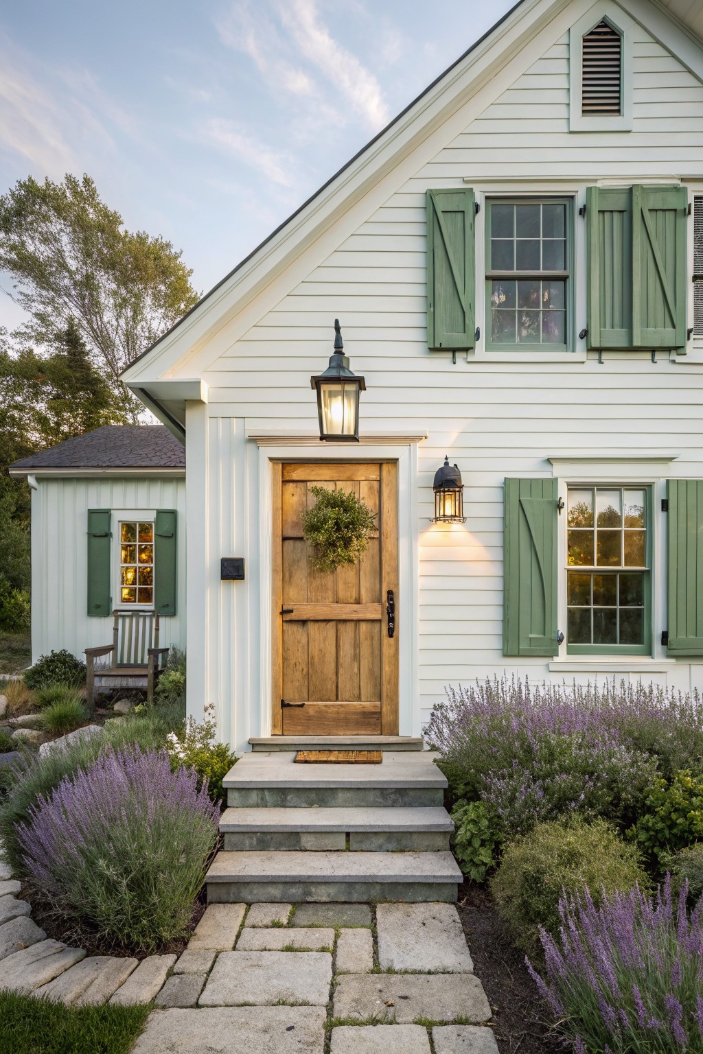 White house with green shutters, wooden door, stone steps, and purple flowers.
