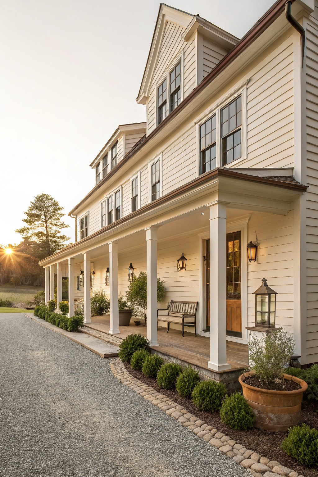 White farmhouse siding with a covered porch and wood door.