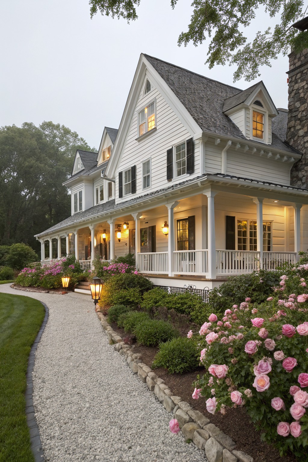 White house with porch at dusk amid blooming pink roses along gravel path