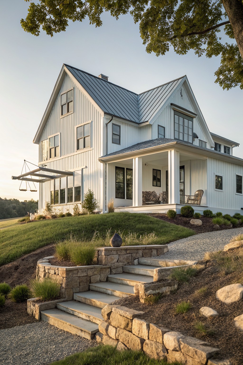 White painted siding on a two-story farmhouse exterior.
