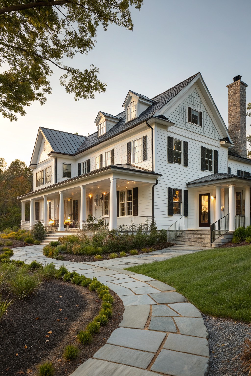 White painted siding on a two-story farmhouse exterior.