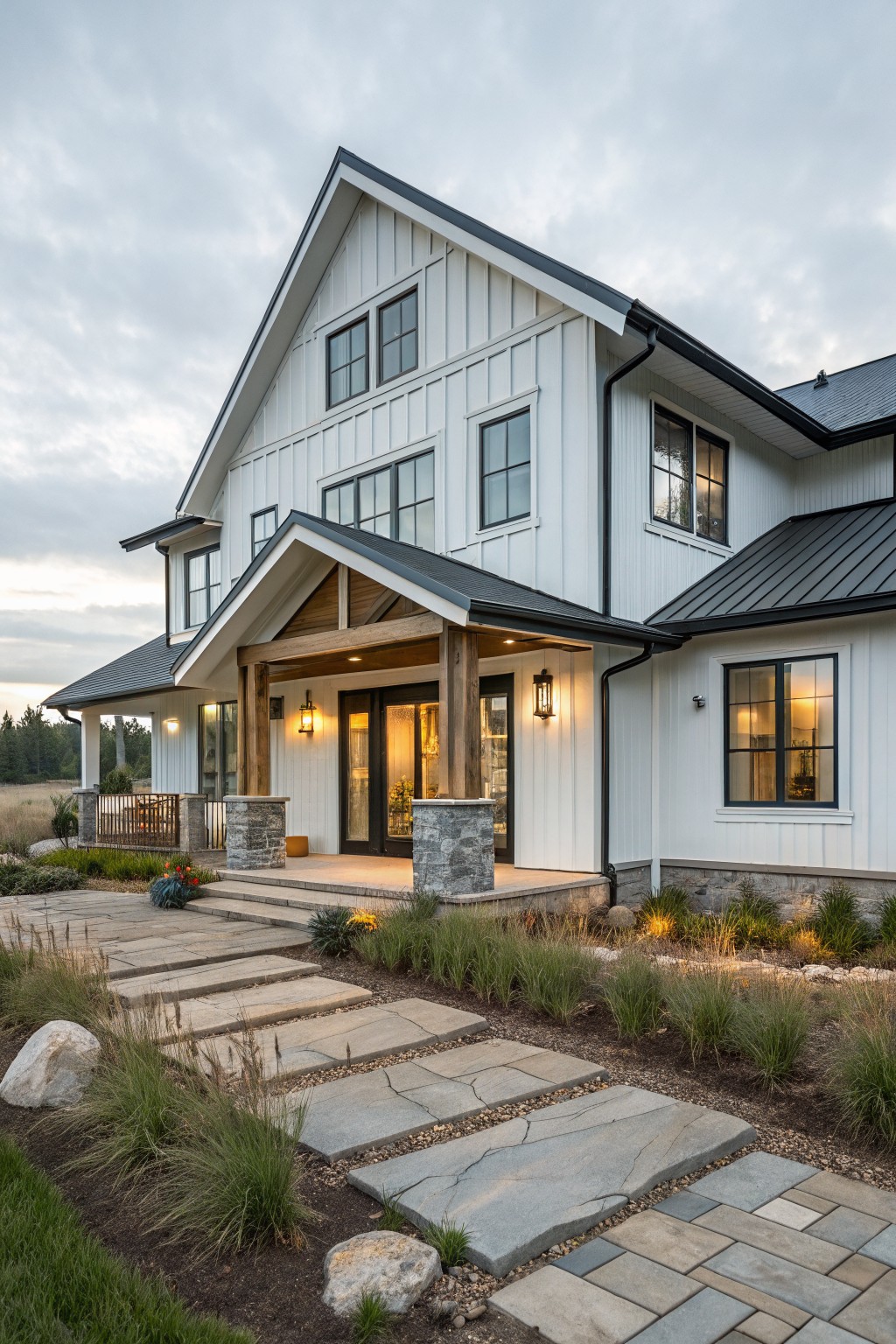 A white farmhouse exterior with clean siding and dark trim.