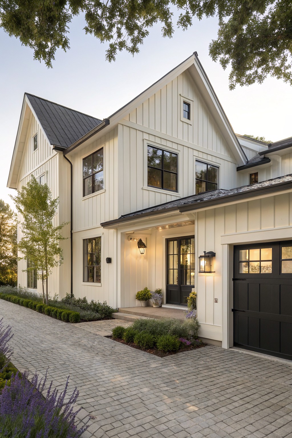 White farmhouse exterior with vertical siding and dark trim.
