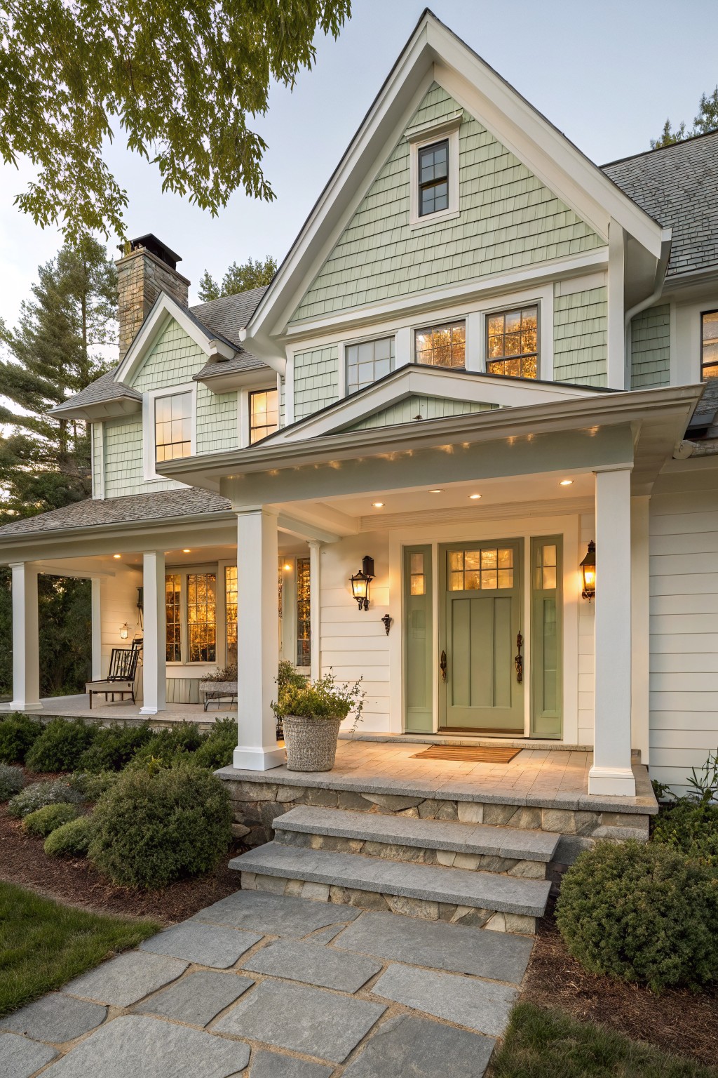 A house exterior with soft green siding and white trim.