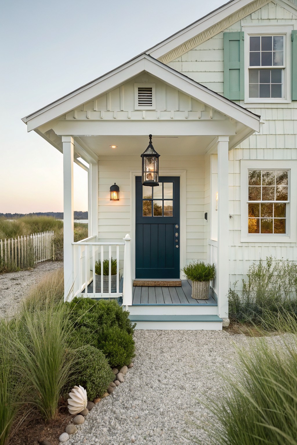 Farmhouse exterior with soft white siding and a dark blue front door.