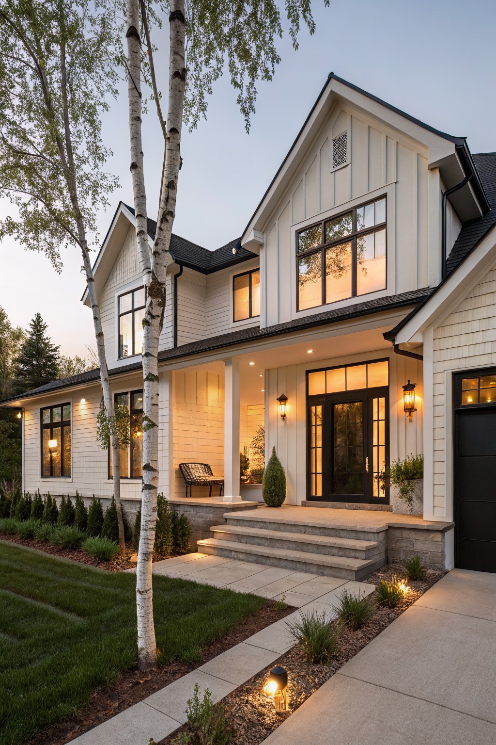 Farmhouse exterior with soft white siding and black window frames.