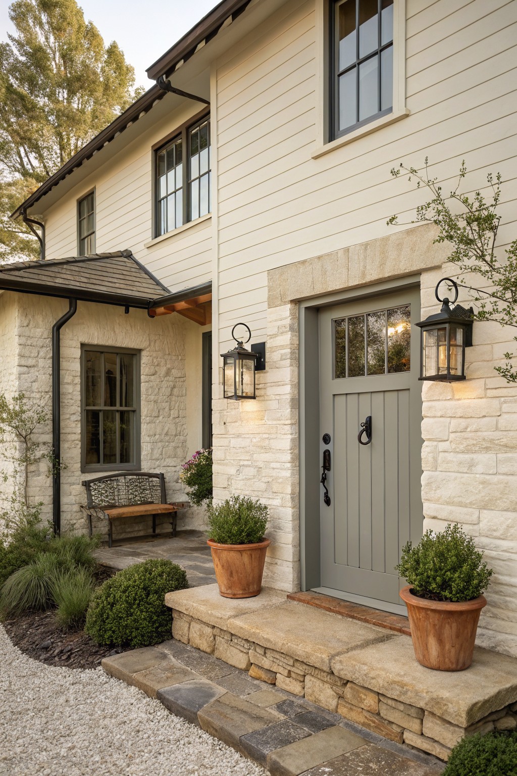 Warm white siding on a farmhouse exterior next to stone accents.