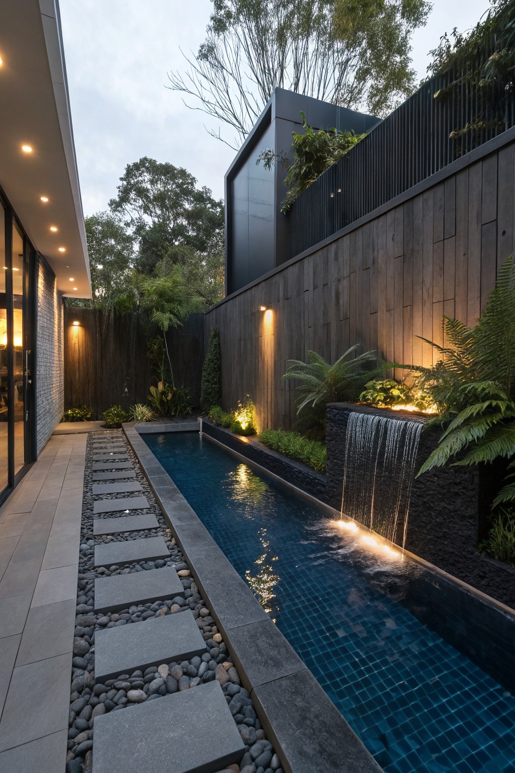 Modern backyard with narrow lap pool, waterfall, stepping stones, and wooden walls at dusk.