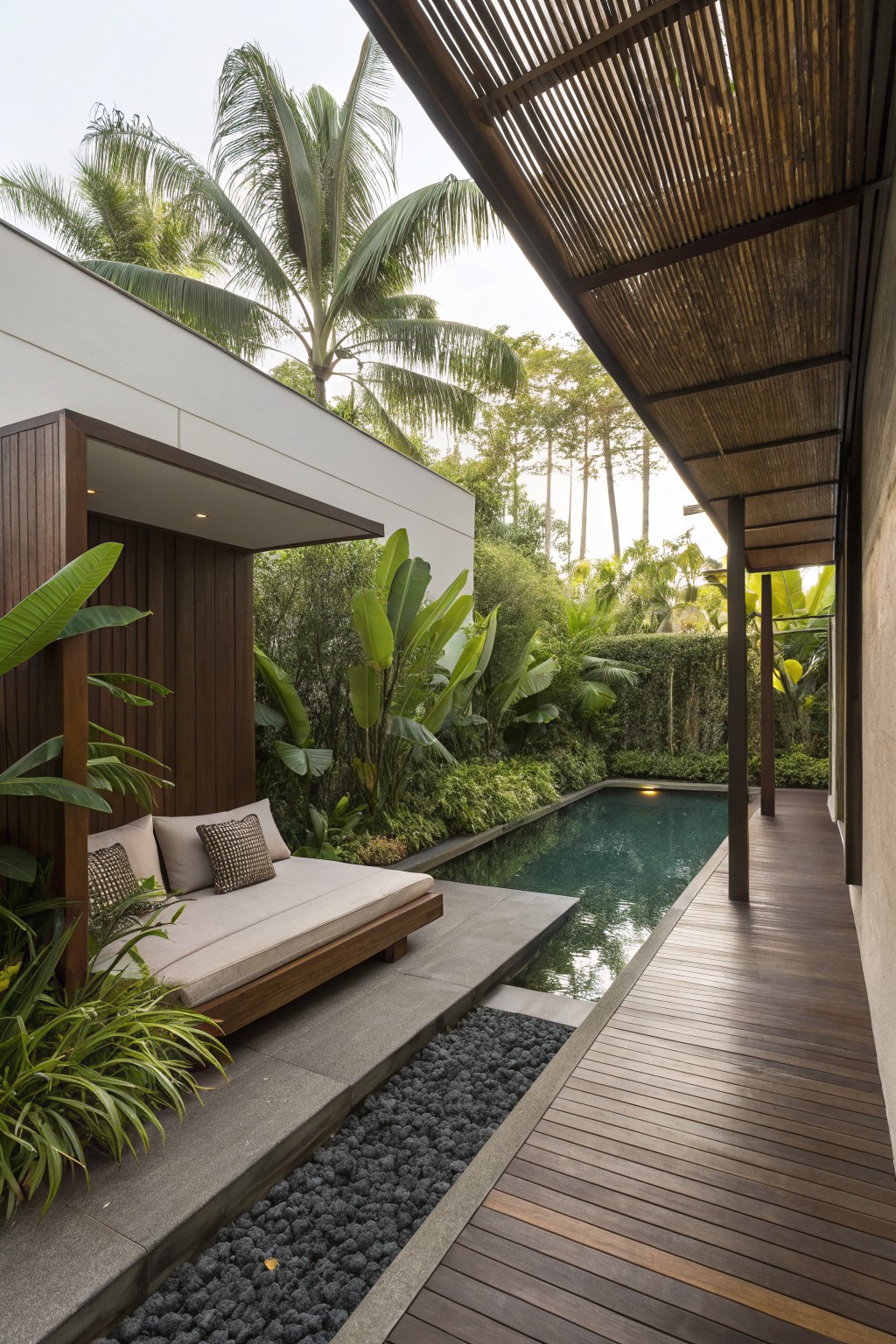 A narrow rectangular plunge pool sits beside a dark wooden deck with a built-in lounge bench and tropical plants on the left side.
