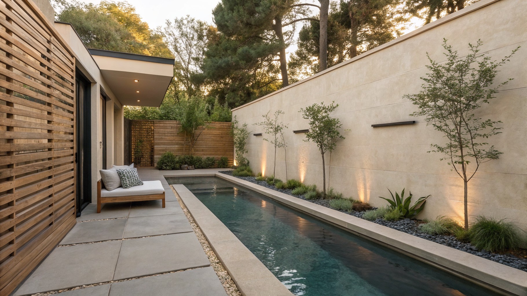 Modern courtyard with linear water channel, stone path, bench, and lush plants