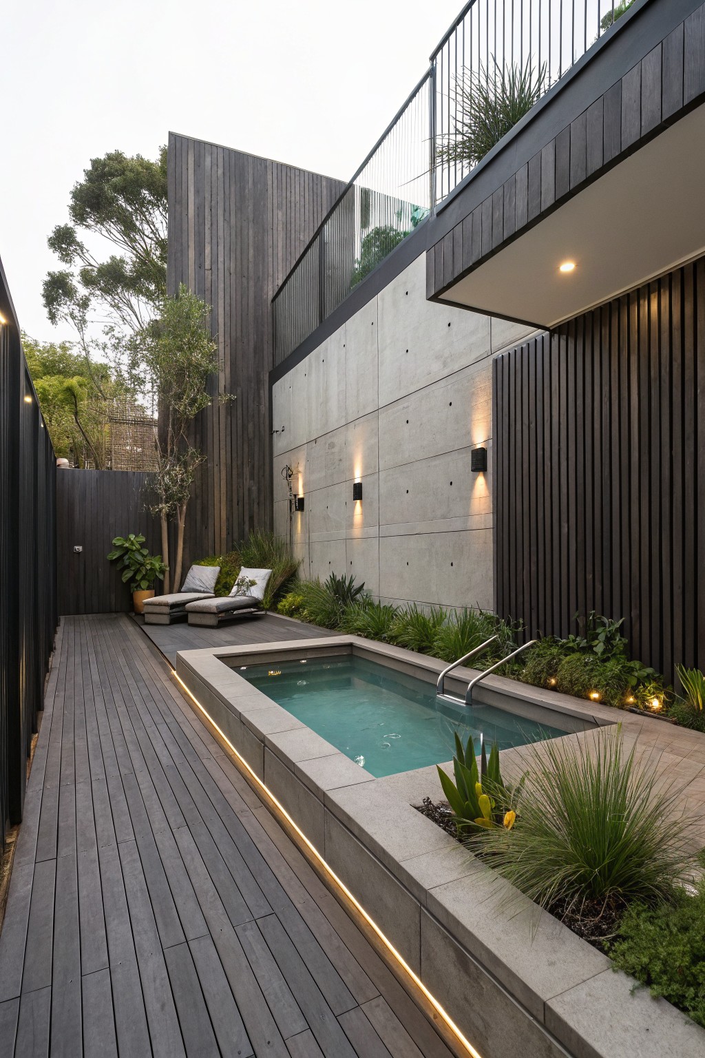 A narrow rectangular plunge pool runs alongside a wooden deck in a modern backyard with concrete walls, lounge chairs, and planted beds.