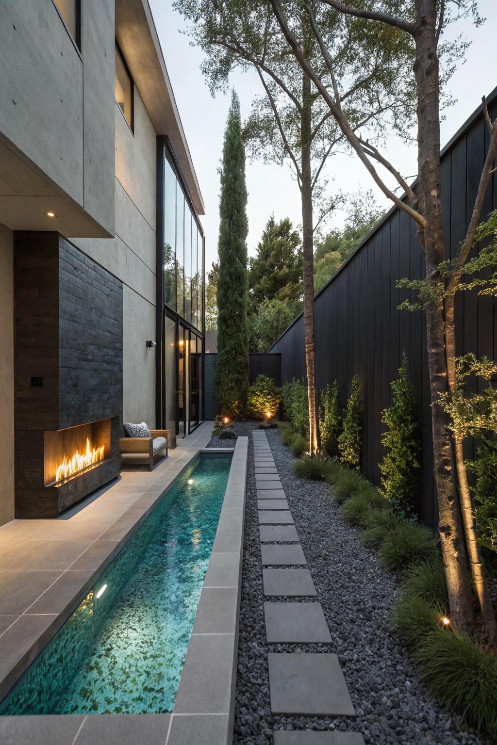 A long narrow plunge pool runs alongside a concrete house wall in a tight backyard, with a stone path, gravel, and trees on the opposite side.