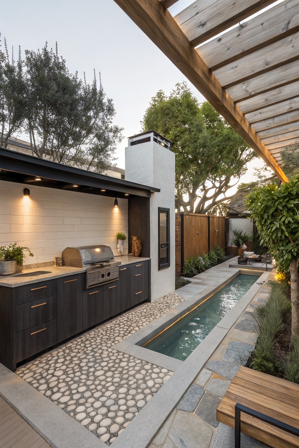 A narrow rectangular plunge pool sits beside a pebble path in a small backyard with an outdoor kitchen, dark cabinetry, and a wooden pergola overhead.