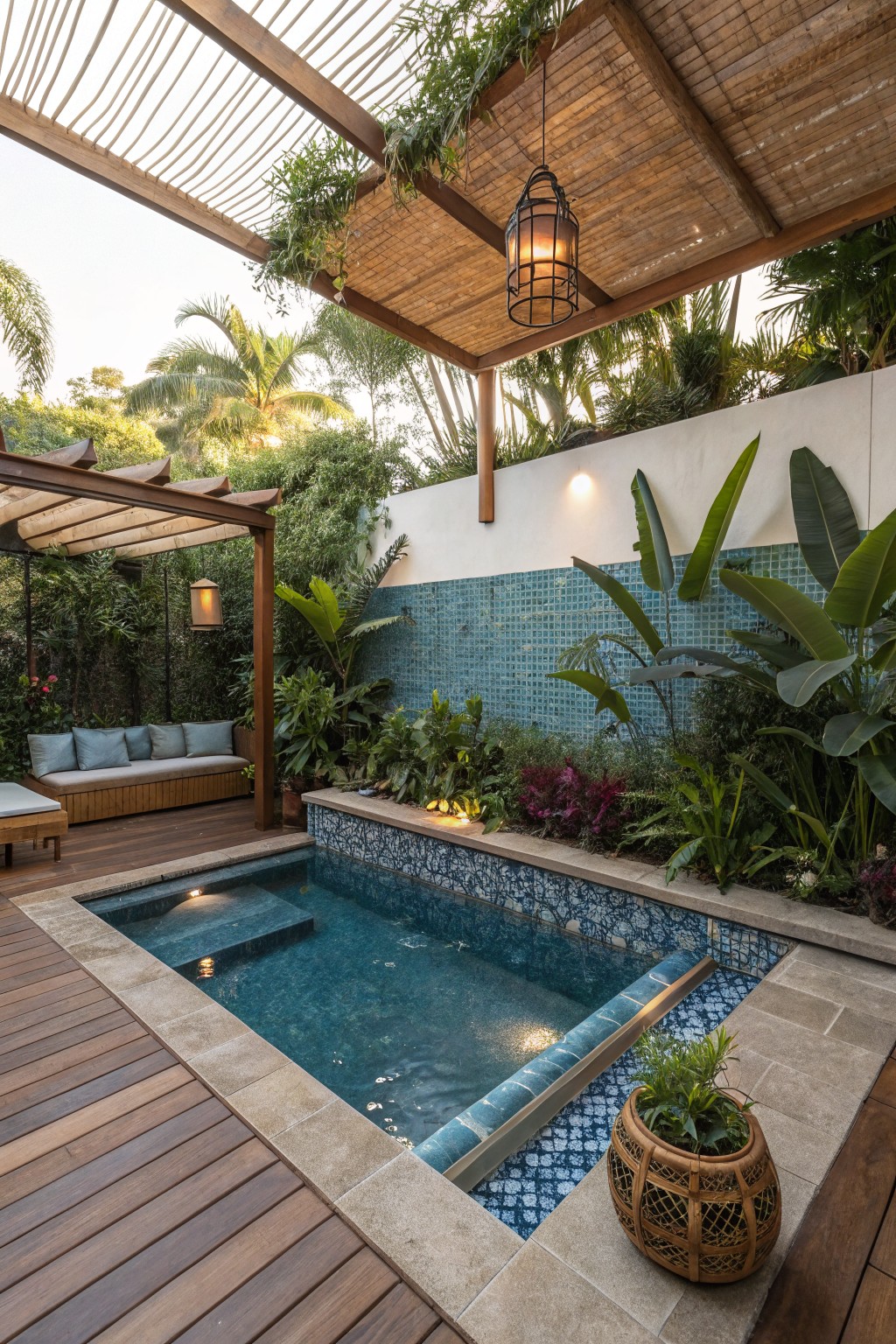 A rectangular plunge pool with blue patterned tile borders sits next to a wooden deck, with a pergola overhead and tropical plants along the back wall.