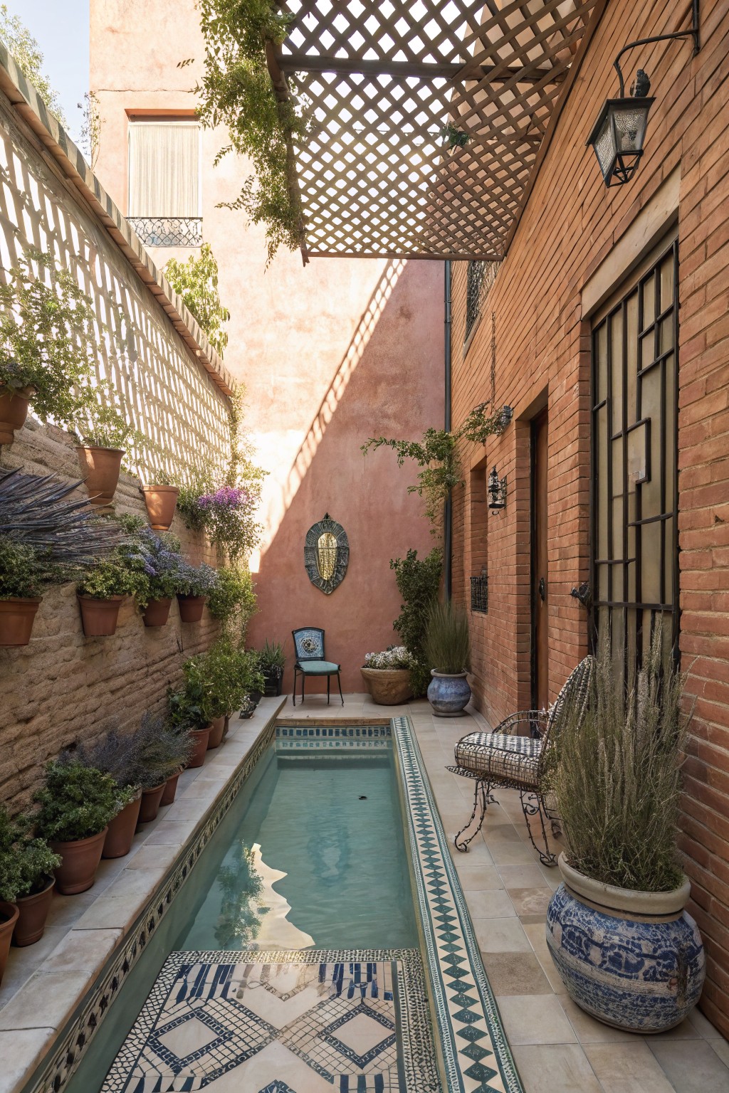 A long narrow plunge pool with patterned tile borders runs through a brick-walled courtyard, flanked by potted plants and a single metal chair.