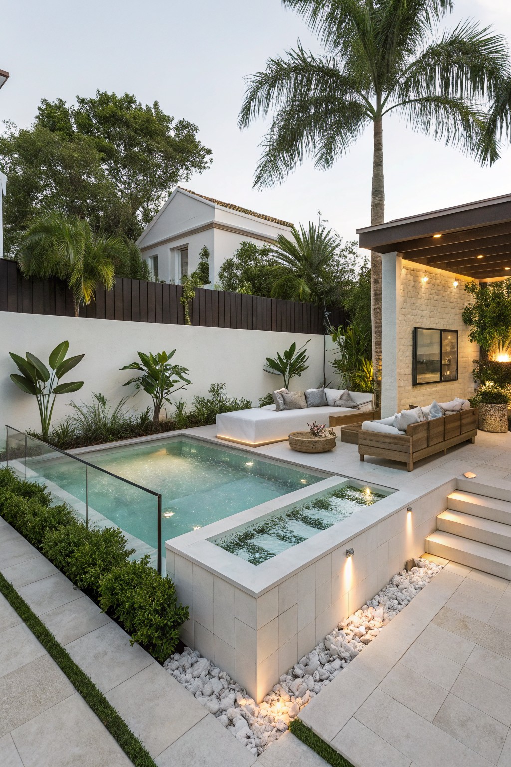 A narrow backyard features a rectangular plunge pool with a raised concrete edge, surrounded by white gravel, outdoor wooden sofas, steps, and tropical plants.