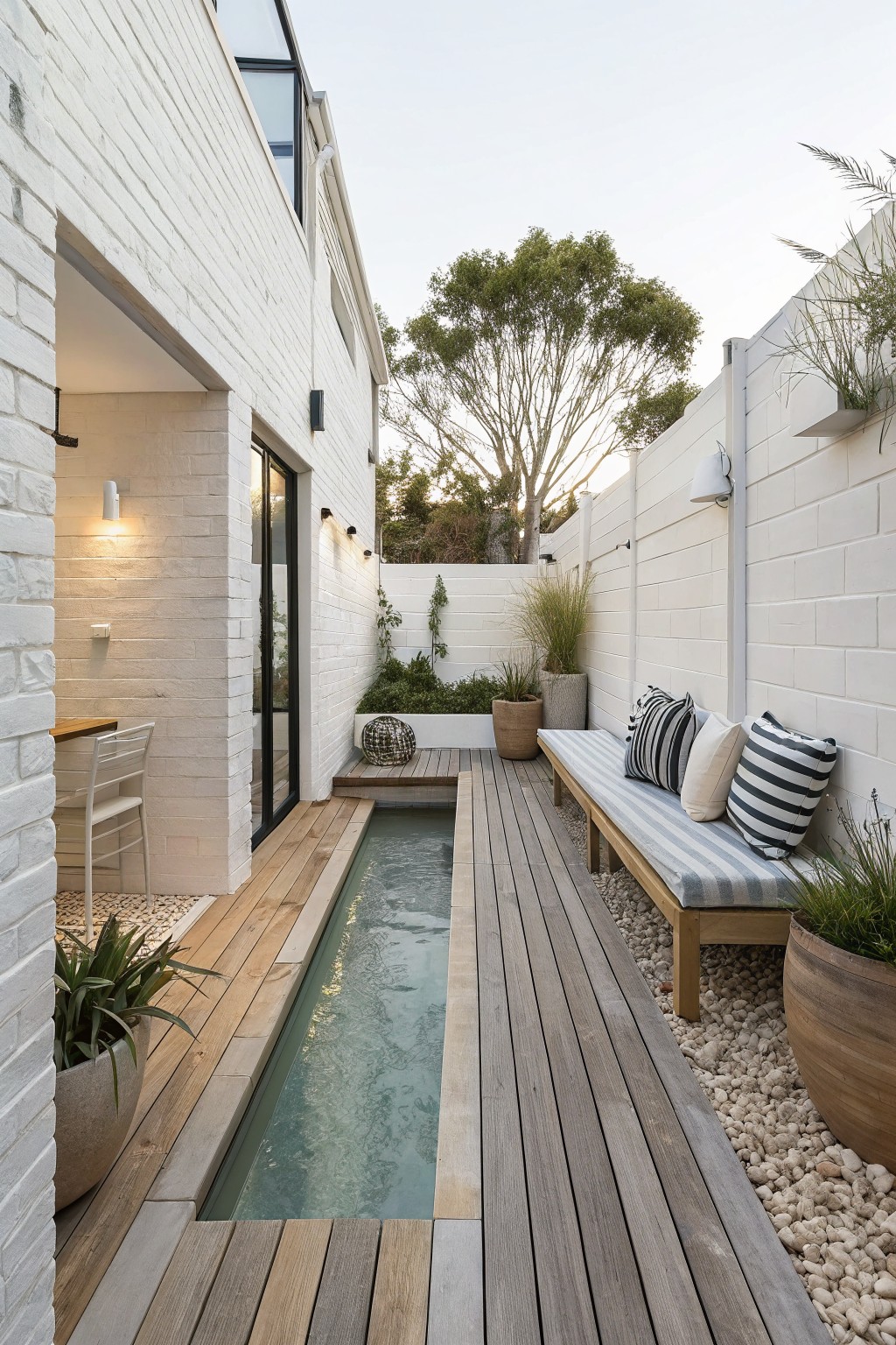 A narrow rectangular plunge pool runs lengthwise between wooden decking in a small backyard bordered by white brick walls, with a cushioned bench on one side and potted plants.
