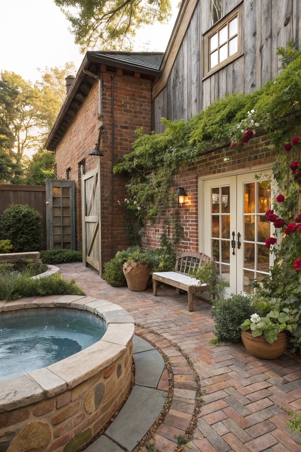 A small circular plunge pool with stone edging is set into a brick patio beside a brick house with white French doors and climbing roses.