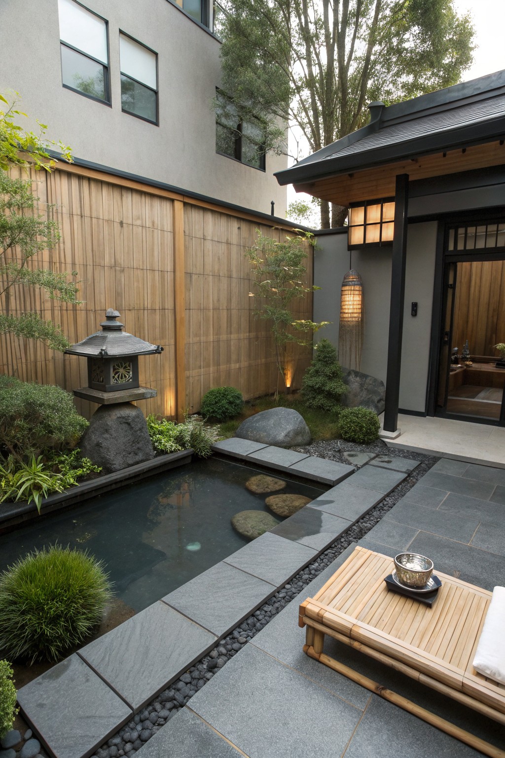A narrow plunge pool in a small backyard with large stepping stones crossing the water, surrounded by rocks, plants, and a bamboo lounge chair on the adjacent patio.