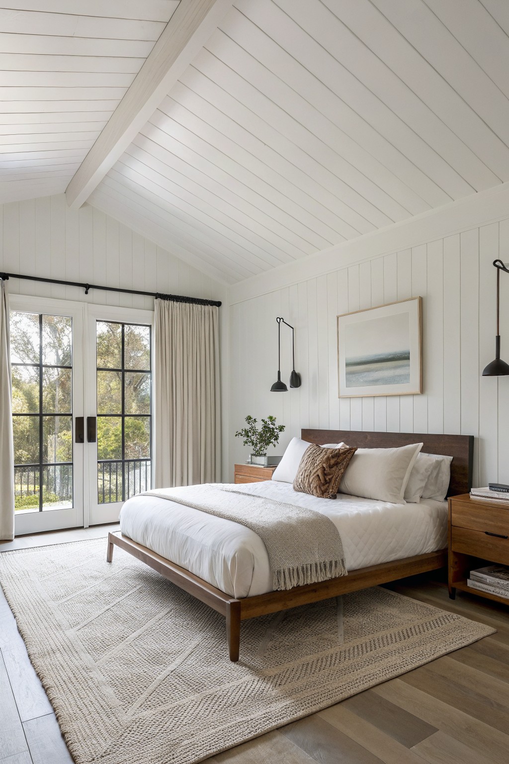 White walls and ceiling in a modern bedroom with wood furniture.