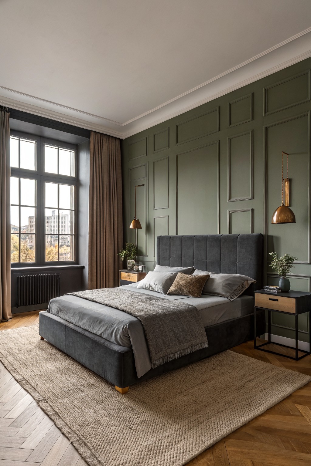 A bedroom with deep sage green paneled walls and a gray upholstered bed.