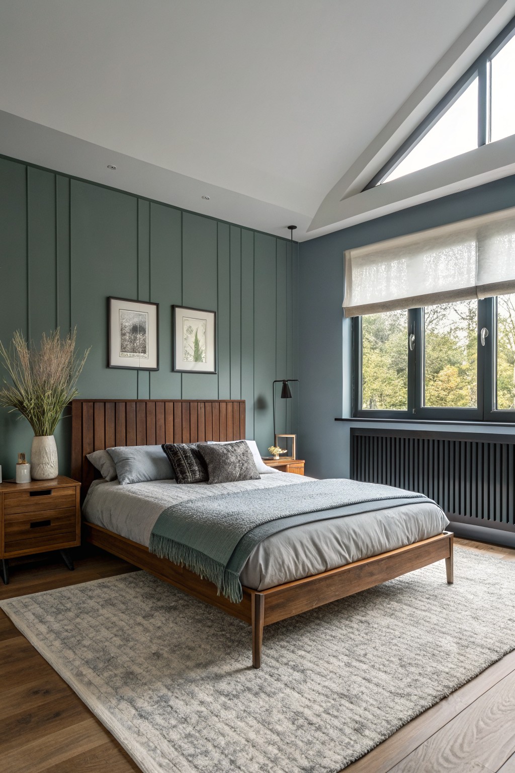 Bedroom walls painted in a muted sage green with wood furniture and flooring.