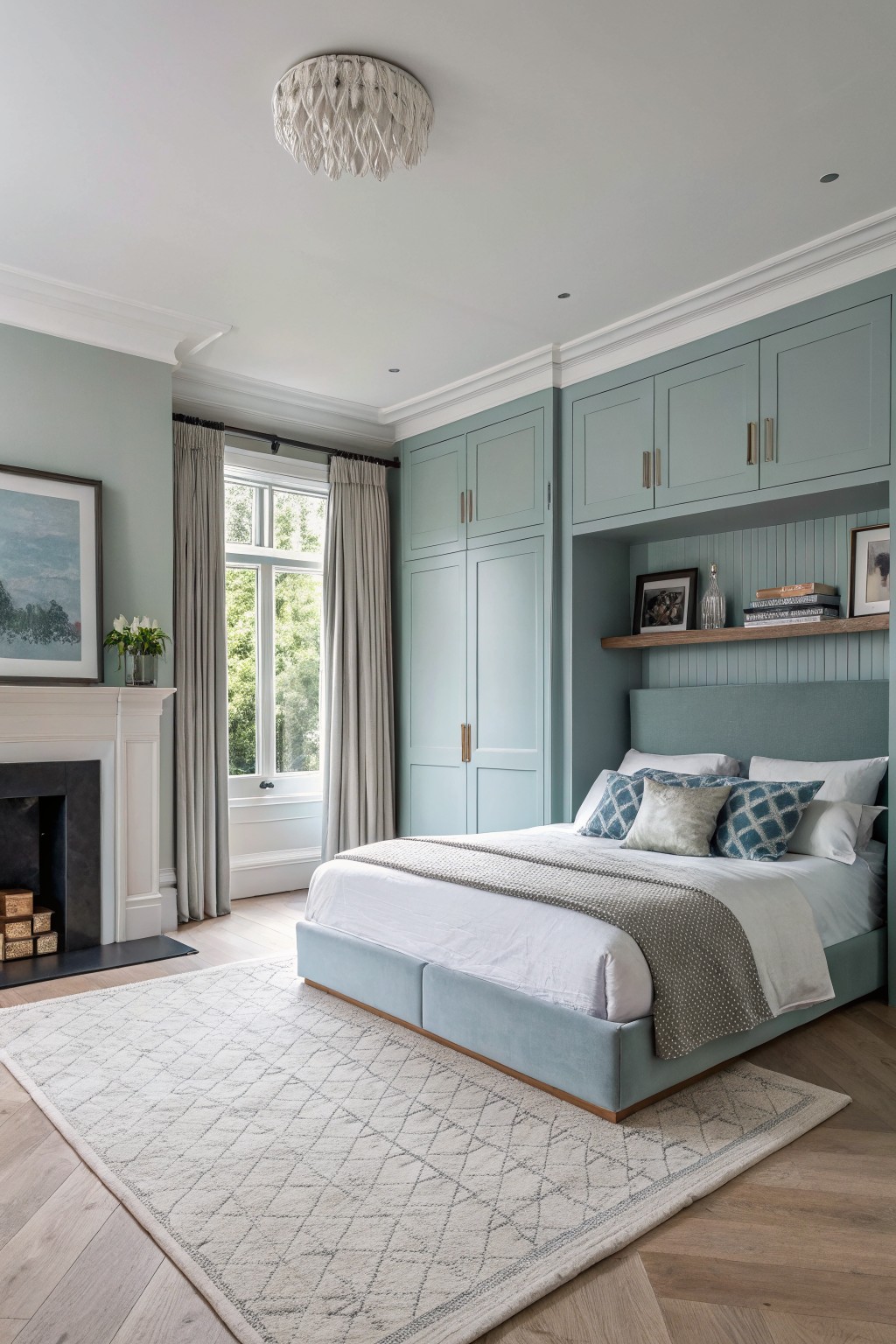 Elegant bedroom with sage green built-in cabinets, upholstered bed, and patterned rug.