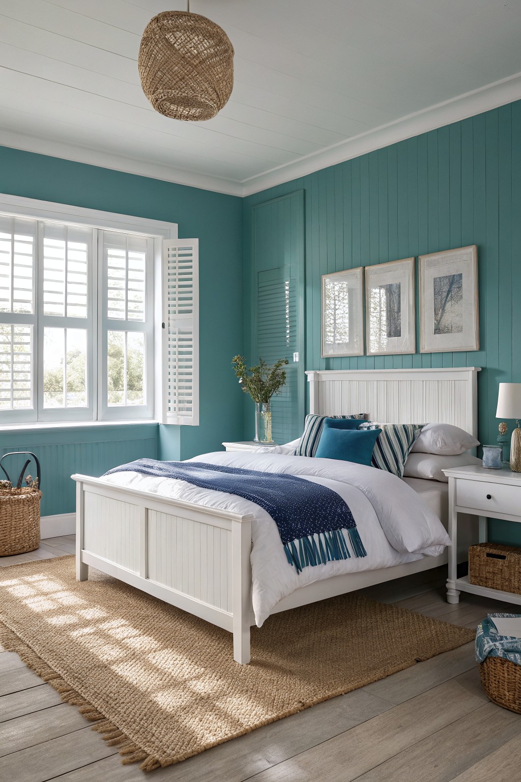 A bedroom with muted teal walls and white trim.