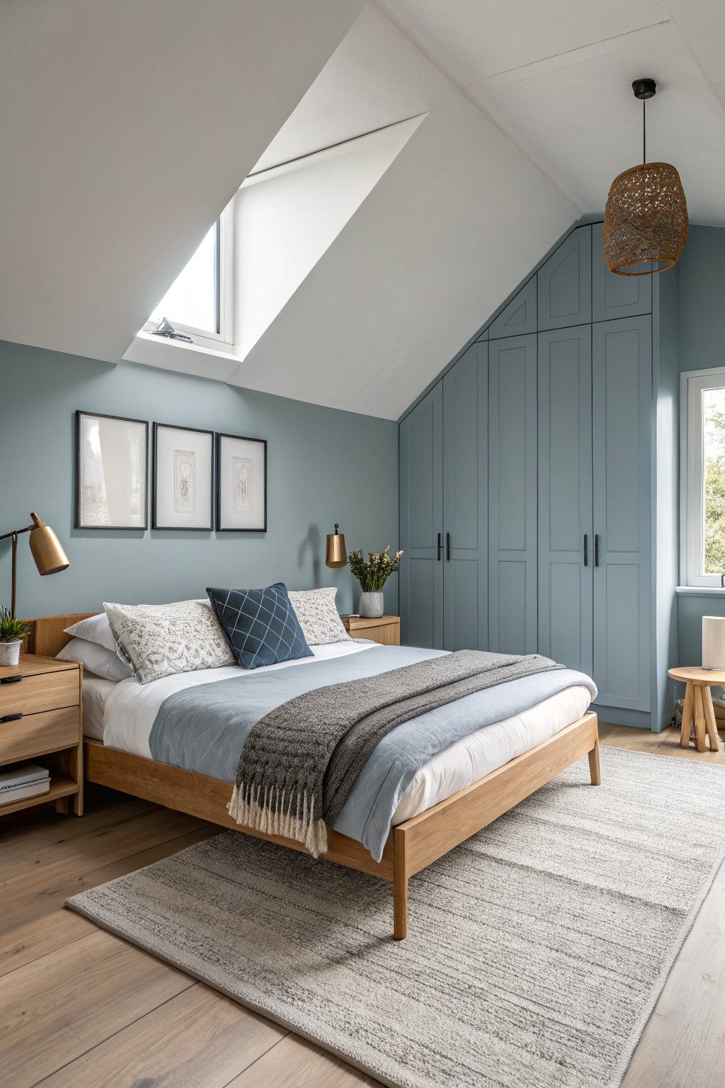 Bedroom walls painted a soft blue gray with wood furniture nearby.