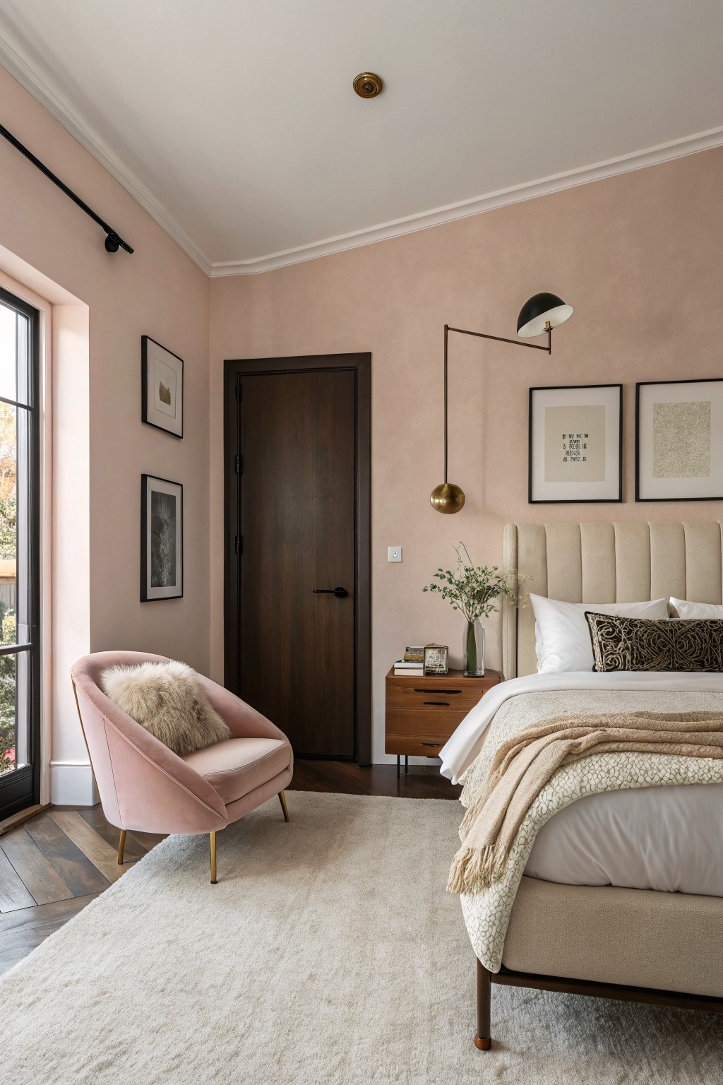 Light blush beige walls in a modern bedroom with wood accents.