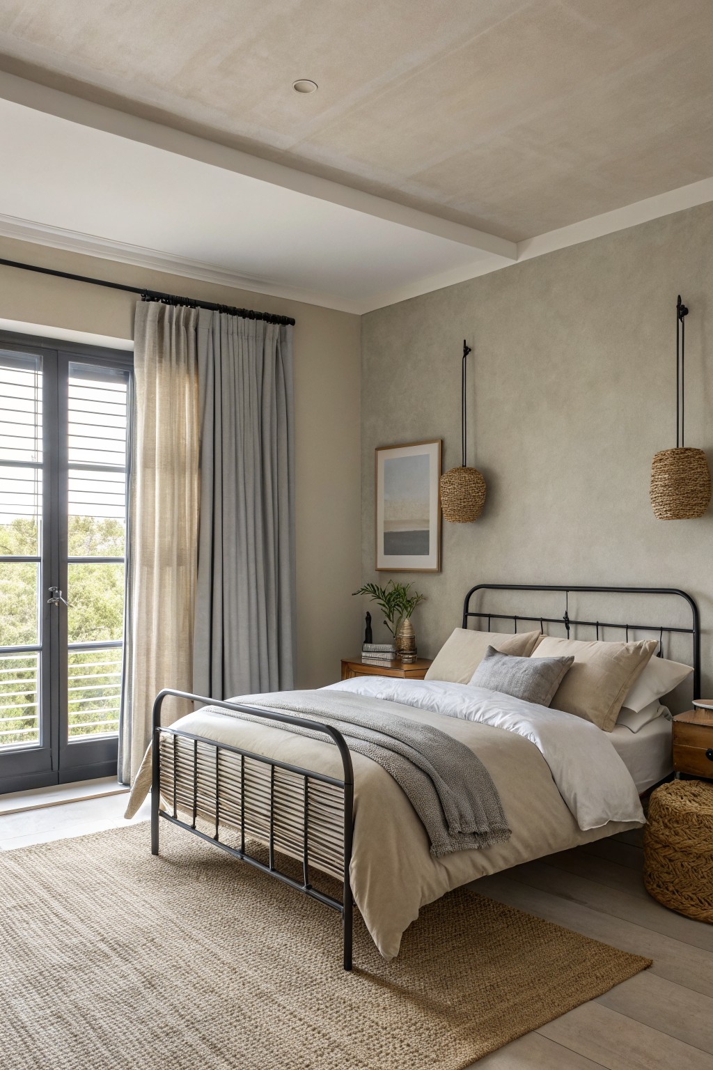 Bedroom with soft greige walls and a black metal bed frame.