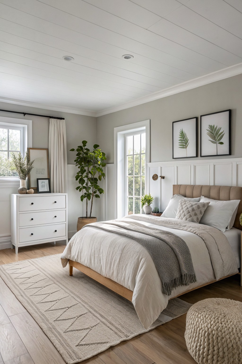 A bedroom with soft greige walls, white trim, and a wooden bed.