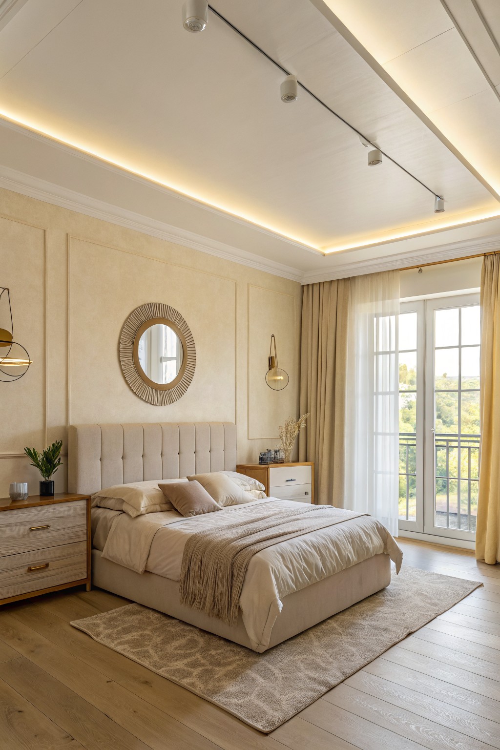 A bedroom with soft warm beige walls and a round mirror above the bed.
