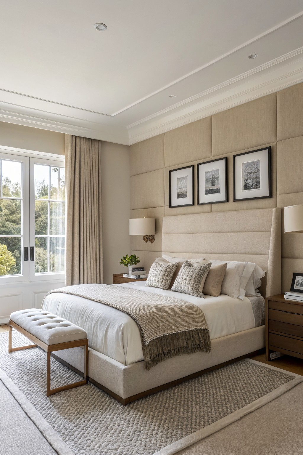 Light greige walls in a modern bedroom with upholstered headboard and wood nightstands.