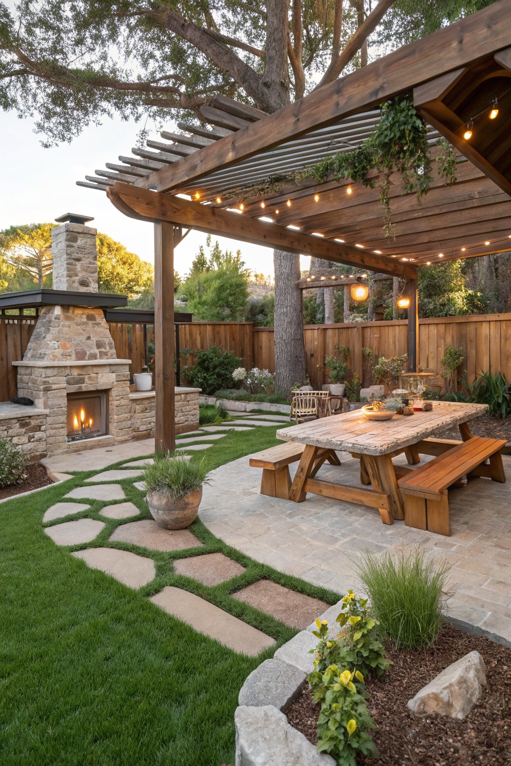 A wooden pergola covers a long dining table with benches on a stone patio, next to a stone fireplace and a pathway through grass.