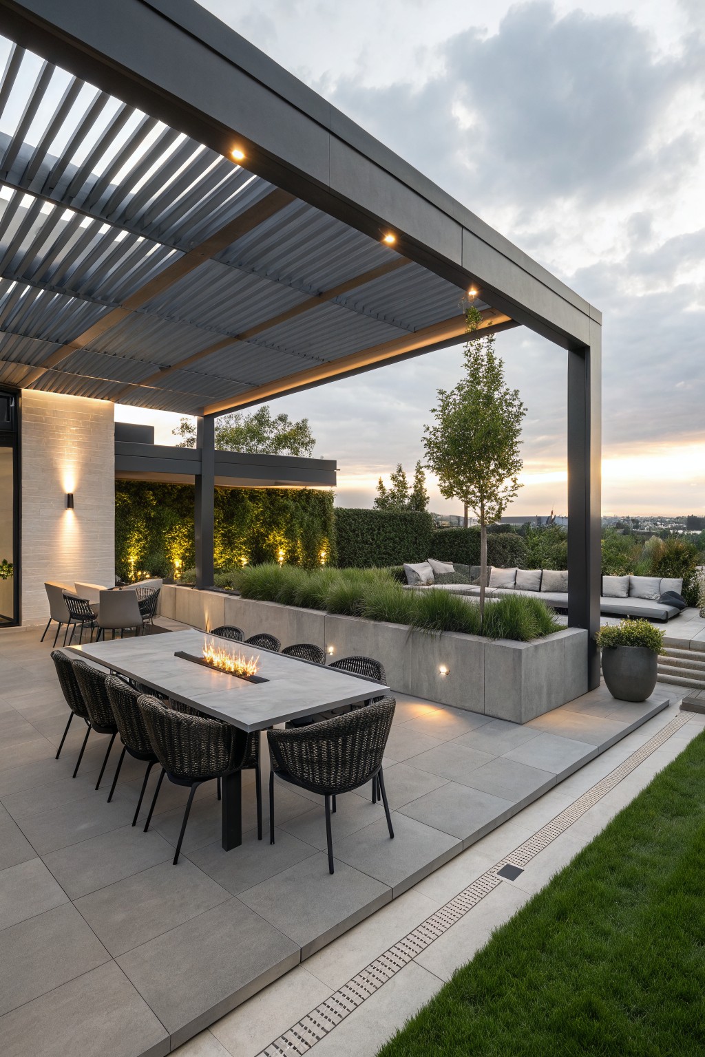 A modern outdoor patio with a long concrete dining table containing a linear fire pit, black woven chairs, a gray pergola with integrated lights, and adjacent lounge seating with plants.
