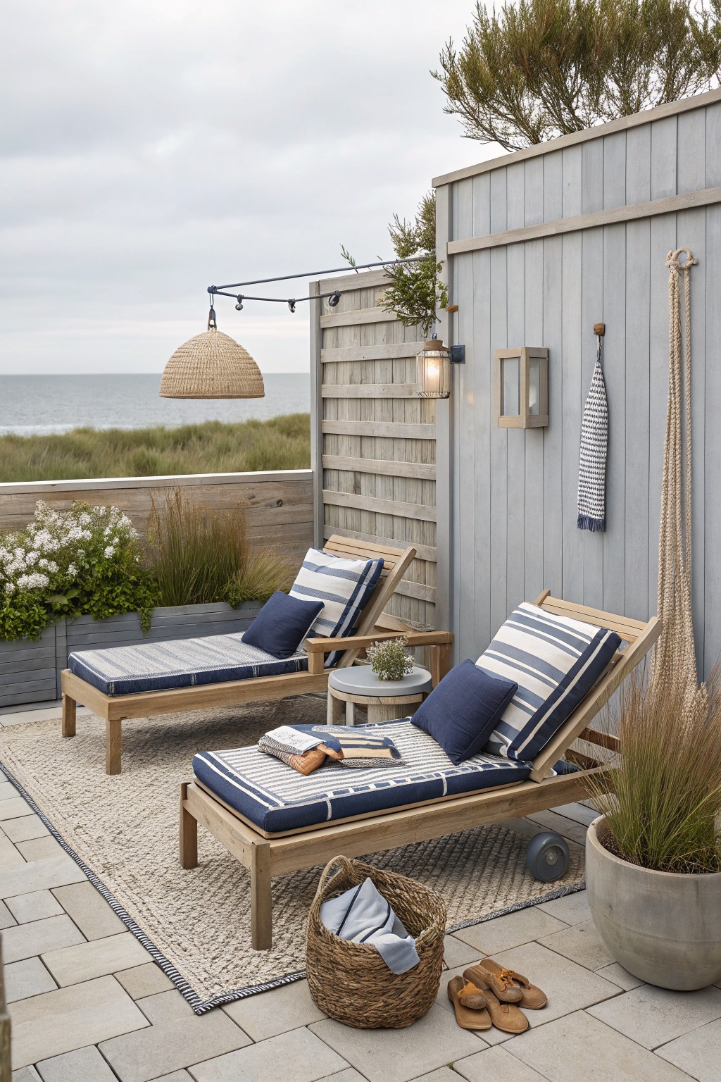 Two wooden lounge chairs with blue and white striped cushions sit on a large woven rug on a stone patio, with a sea view and wooden privacy screen in the background.
