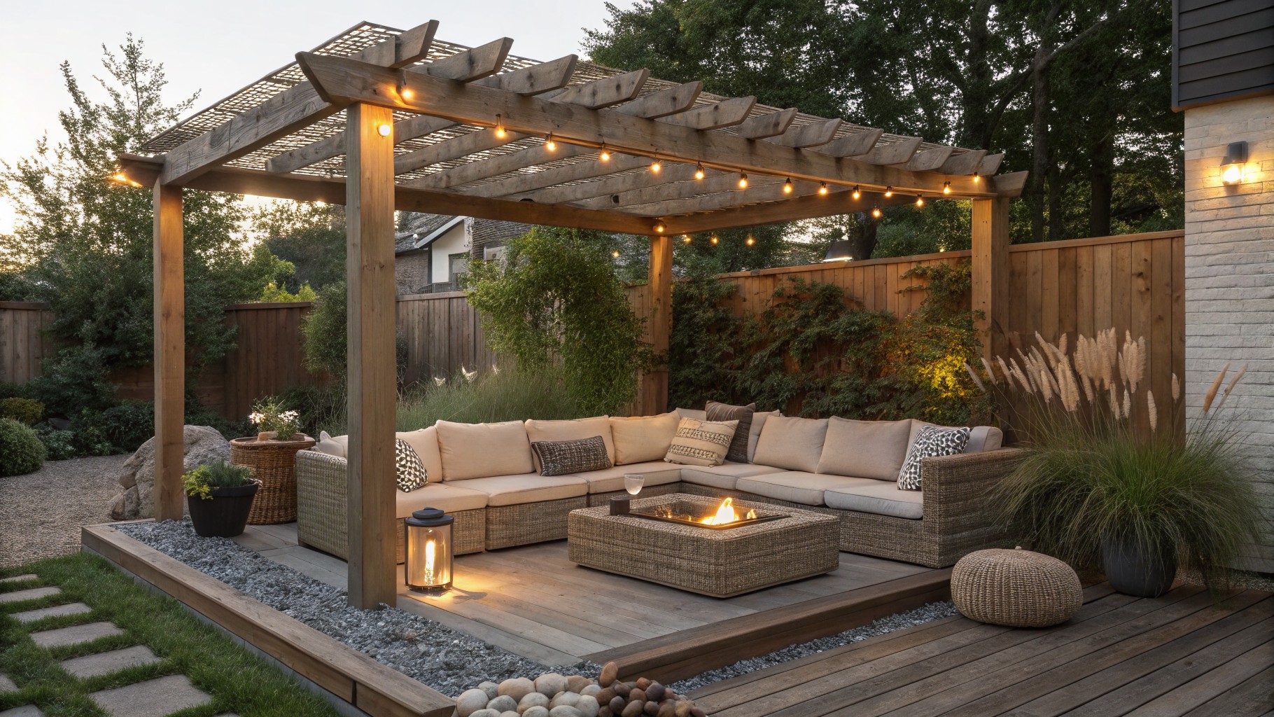A wooden pergola covers an outdoor seating area with L-shaped sofas, a central concrete fire pit, string lights, and potted plants on a large woven rug.