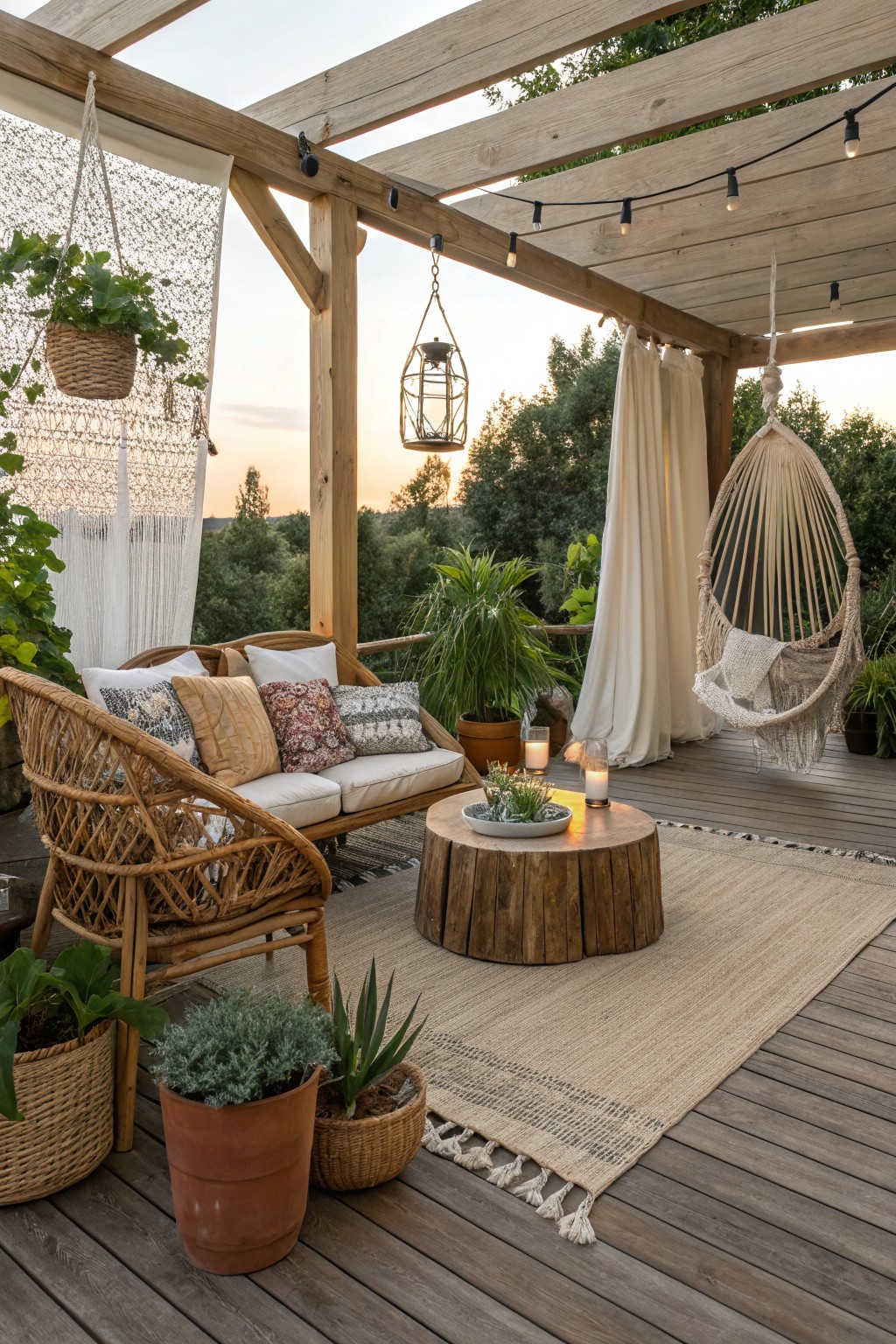 A wooden deck with a pergola, string lights, a sofa with pillows, a wicker armchair, a hanging macrame chair, a tree stump table, potted plants, and curtains at sunset.